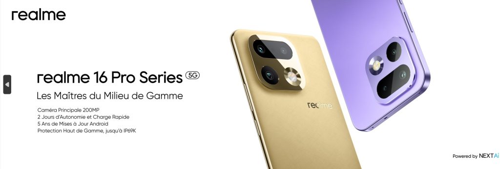 Affiche publicitaire pour les smartphones realme 16 Pro series 5G, montrant deux téléphones, un doré et un violet, avec un zoom sur leurs modules caméra et le texte marketing associé.