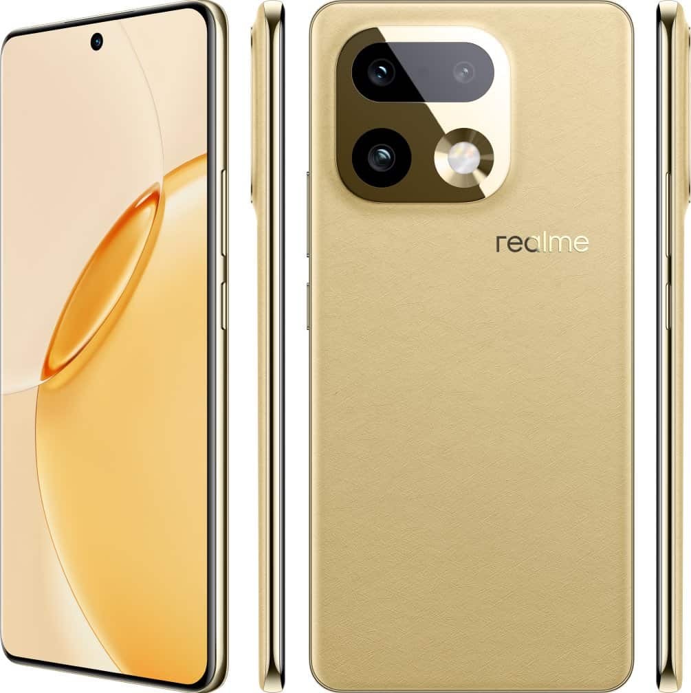 Présentation sous plusieurs angles du smartphone realme 12 Pro+ beige texturé, mettant en avant Le Système Photo LumaColor 200MP.