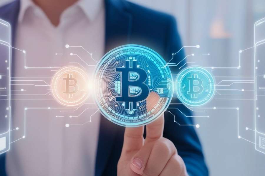 Un professionnel en costume interagit avec une interface numérique représentant le mécanisme de Proof of Work du Bitcoin.